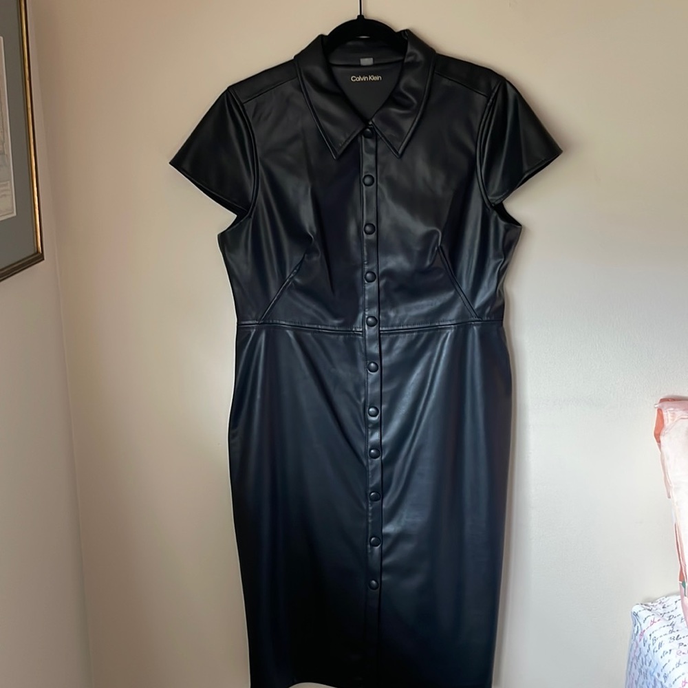 Calvin Klein black faux leather complete snap up gorgeous dress